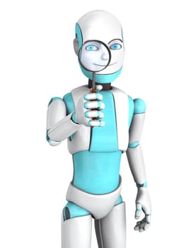 A cartoon robot boy smiling and looking through a magnifying glass he is holding. White background.