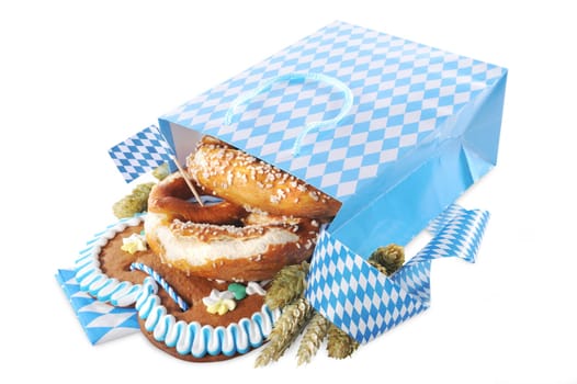 Bavarian Oktoberfest paper tote bag with gingerbread heart,breze,hops and wheat