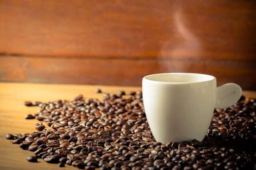 Coffee on teak wooden background, vintage