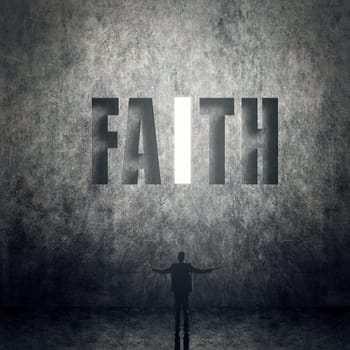 Concept of trust, belief, credit etc, man stand on wall with text.