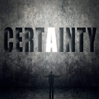 Concept of trust, belief, credit etc, man stand on wall with text.
