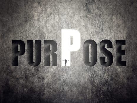 Concept of target, goal, will etc, man stand on wall with text.
