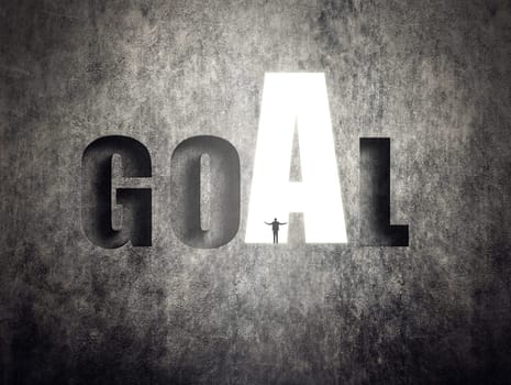 Concept of target, goal, will etc, man stand on wall with text.