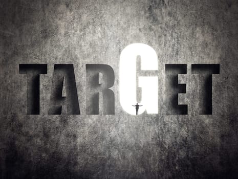 Concept of target, goal, will etc, man stand on wall with text.