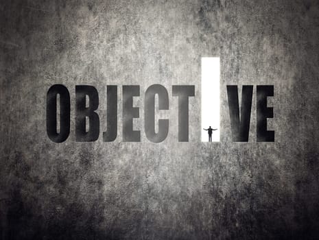 Concept of target, goal, will etc, man stand on wall with text.