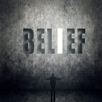 Concept of trust, belief, credit etc, man stand on wall with text.