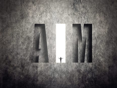 Concept of target, goal, will etc, man stand on wall with text.