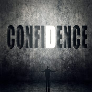 Concept of trust, belief, credit etc, man stand on wall with text.