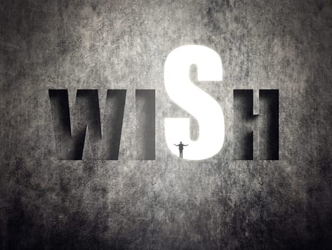Concept of target, goal, will etc, man stand on wall with text.