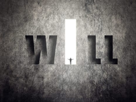 Concept of target, goal, will etc, man stand on wall with text.