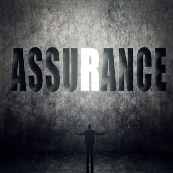 Concept of trust, belief, credit etc, man stand on wall with text.