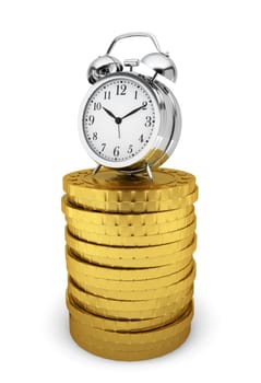 Alarm clock on stack of coins. Time is money concept. 3d illustration on white background