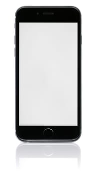 New Smartphone with blank screen on white background.