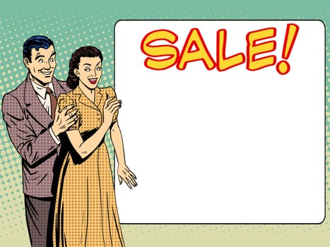 family husband wife announce sale. The man and the woman advertise discounts. Business concept goods services prices. Retro style pop art
