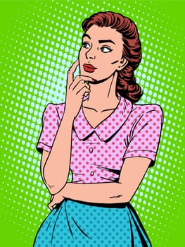 Housewife thinks woman wife mom. Retro style pop art. Household
