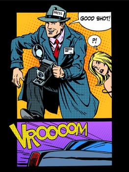 The paparazzi made spicy photos celebrity retro style pop art. The tabloid press journalists photographers. Dangerous job