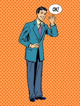 Man businessman says okay business concept success. Retro style pop art