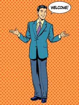 Man businessman welcome business concept. Pop art retro style
