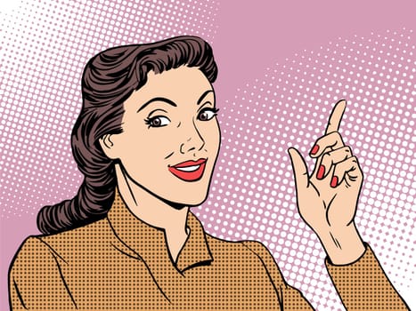 Business coach woman retro pop art style. Businesswoman gesture mentor teacher
