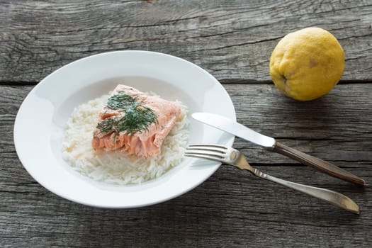 Steamed salmon with dill and basmati rice