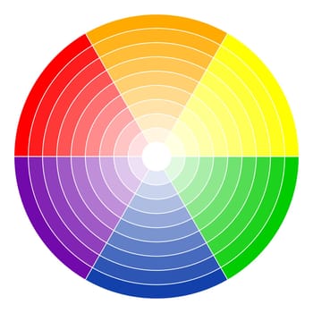 illustration of printing color wheel with six colors in gradations