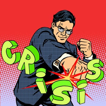 Super businessman hero against the crisis business concept. Retro style pop art. Business people are the decisive force leadership