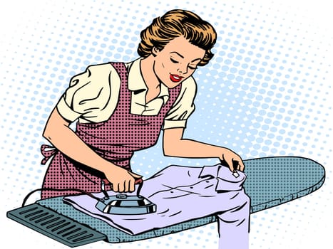 Woman housewife wife stroking his shirt iron homework. Home electrical appliances. Retro style pop art. Comfort care family love