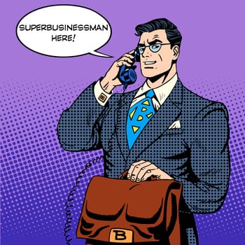 Super businessman hero talking phone success finance. Male superhero in the work. Pop art retro style