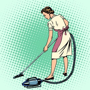 Woman vacuuming the room housewife housework comfort retro style pop art. Also the theme of the hotels and hospitality service