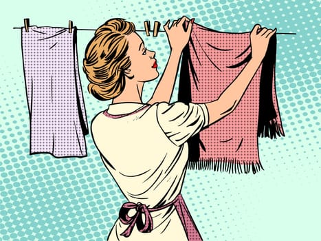 woman hangs clothes after washing housewife housework comfort retro style pop art