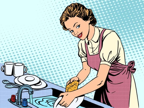 Woman washing dishes housewife housework comfort retro style pop art