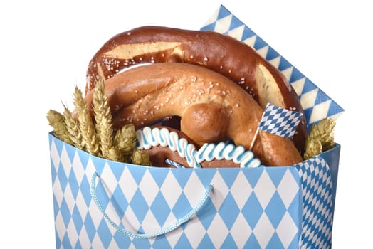 Bavarian Oktoberfest paper tote bag with gingerbread heart,breze,hops and wheat
