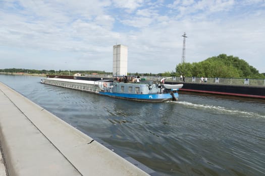 Polish freighter on the bridge of the Elbe-Havel Canal near Magdeburg