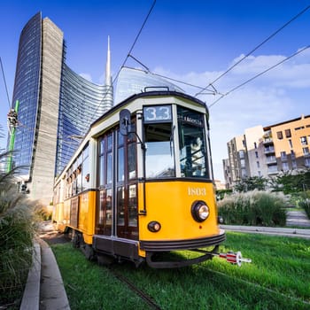Vintage tram on the Milano street, near Puorta Nuova, Italy