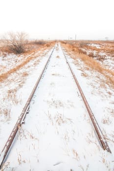 Portrait landscape of snowy train tracks in Alberta, Canada.