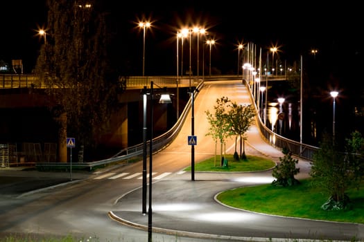 On-Ramp to the Curch Bridge in Umeå, Sweden at night.