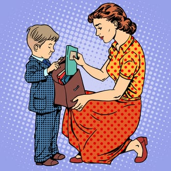 The mother helps the child to come to school. Textbooks books portfolio. Education family retro style pop art