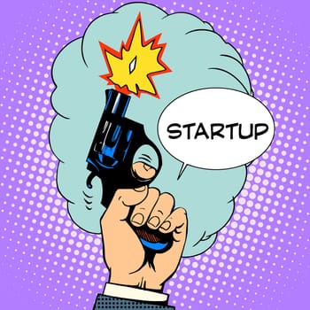 business concept startup starting pistol retro style pop art