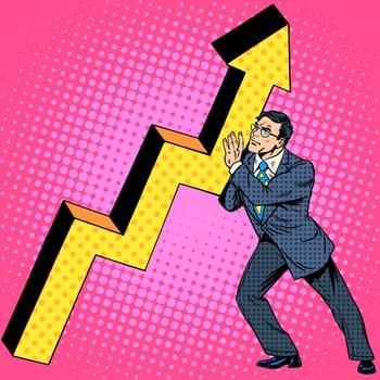 Businessman raises growth graph. Business concept financial success. Retro style pop art