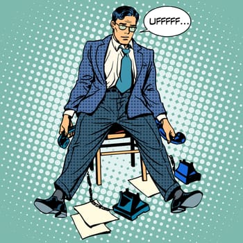 Tired businessman working stress. Phone conversation business people retro style pop art