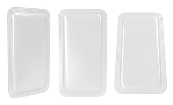 White blank sachet packaging for food, drinks, cosmetics, or medicine.