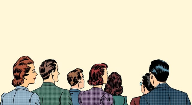 A crowd of spectators stand back retro style pop art