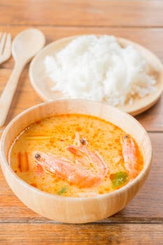 Spicy soup and jasmine rice thai easy meal, stock photo