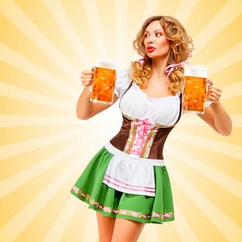 Beautiful sexy Oktoberfest woman wearing a traditional Bavarian dress dirndl looking aside with two beer mugs on colorful abstract cartoon style background.