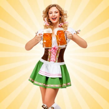 Beautiful sexy Oktoberfest woman wearing a traditional Bavarian dress dirndl serving two beer mugs with happy smile on colorful abstract cartoon style background.