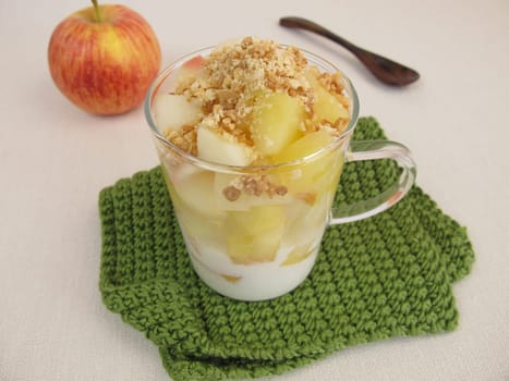 Crumble Mug Cake with apple,yoghurt,biscuit crumb sands and almond croquet