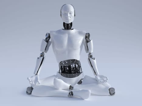 A male robot sitting on the floor and meditating, eyes closed, image 1. Grey background.