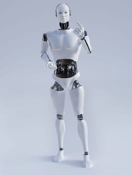 Male robot doing a presentation, image 2. Grey background.