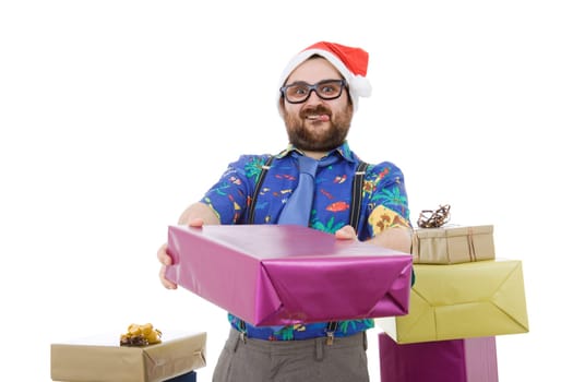 happy silly salesman with some boxes, isolated on white