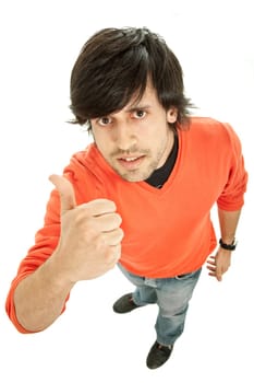 young casual man going thumb up in a white background